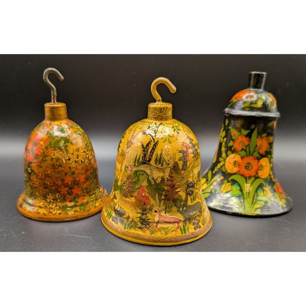 3 Vtg Hand Painted Paper Mâché Bell Ornaments Birds Flowers Lacquer Kashmir READ